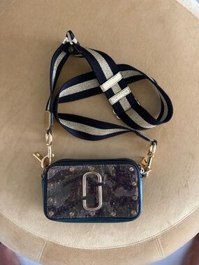 Marc Jacobs Snapshot Crossbody Camera Bag - Sequined Camo with Navy Stripe Strap